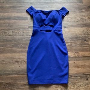 Blue off the shoulder/ cap sleeve cocktail dress